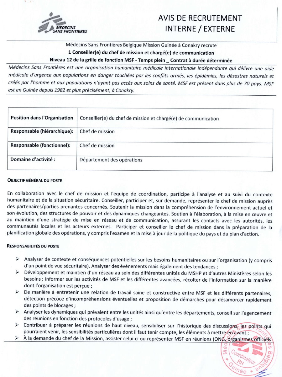 Avis de recrutement d'1 Conseiller(e) du chef de mission et chargé(e) de communication | Page 1